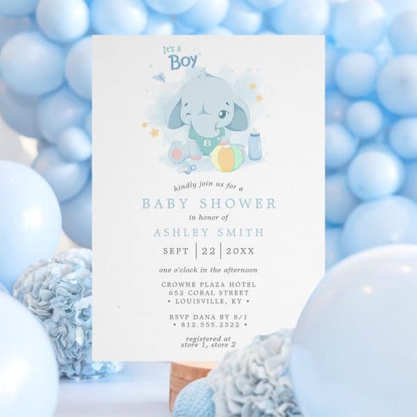 Baby Shower Invitation Featuring A Cute Cartoon Elephant.