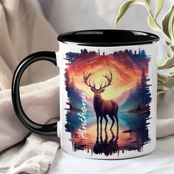 Personalized Coffee Mug With A Large Image Of A Deer Standing In A Lake At Sunset. The Name Anthony Is On The Mug.