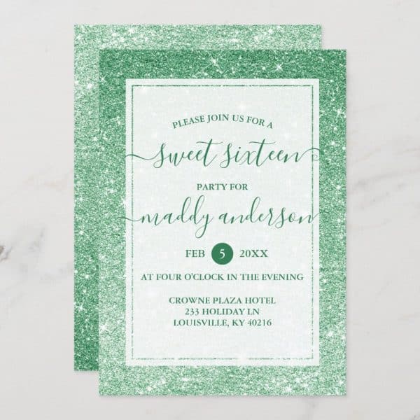 Green Glitter Sweet Sixteen Invitation For Maddy Anderson.