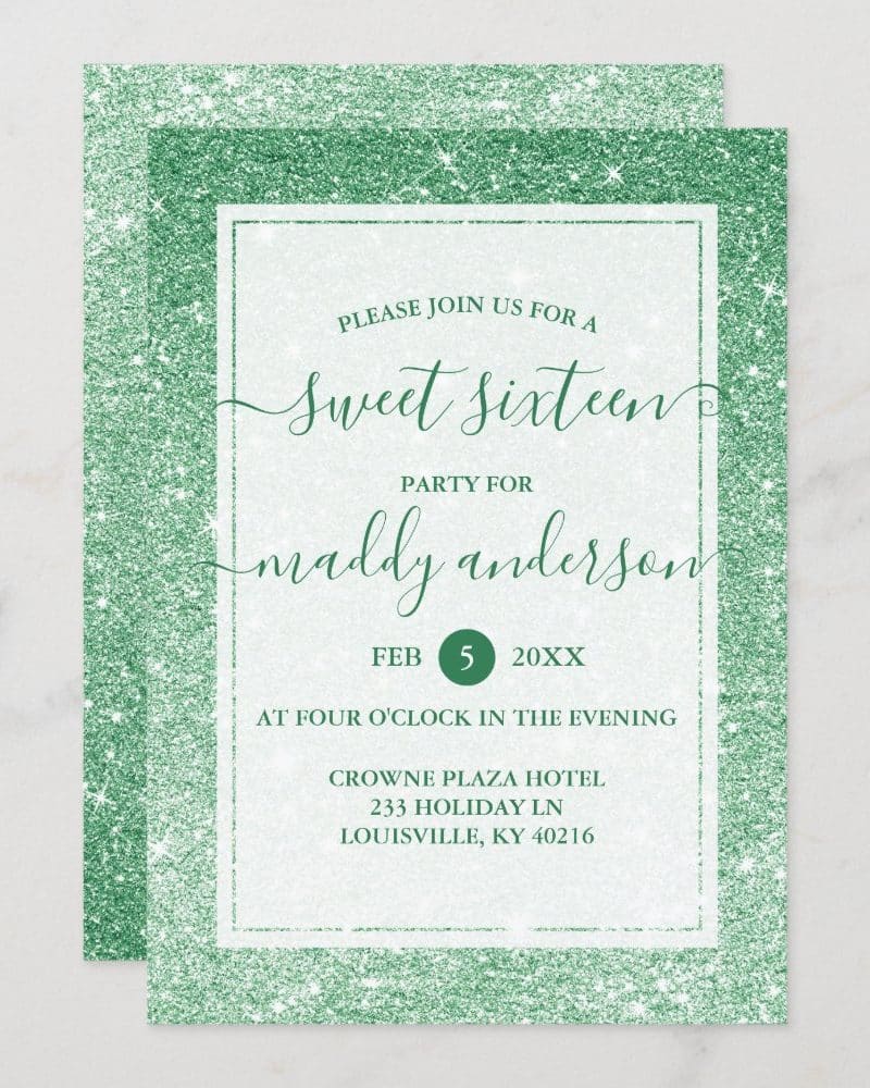 Green glitter Sweet Sixteen invitation for Maddy Anderson.