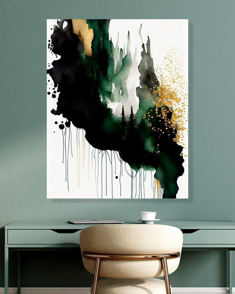 Abstract painting of a dark green and black forest scene with gold accents.