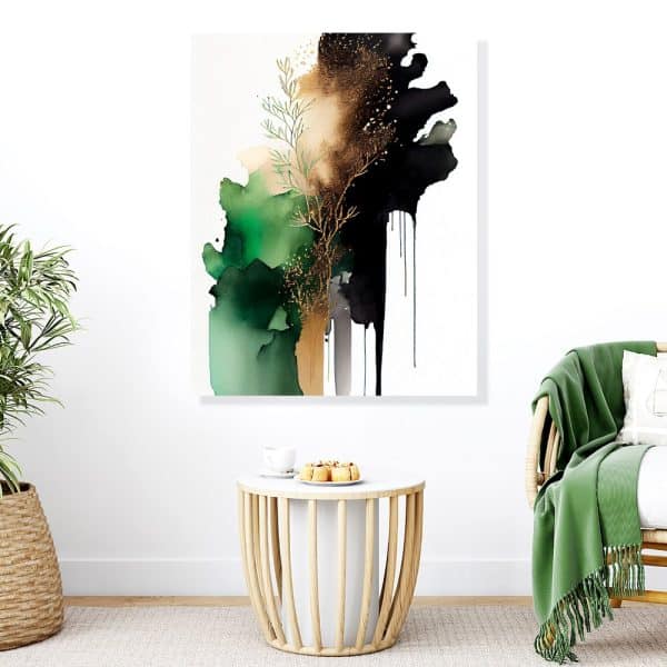 Abstract Painting In Shades Of Green, Black, And Gold.