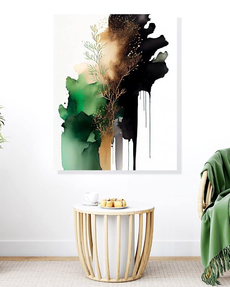 Abstract painting in shades of green, black, and gold.