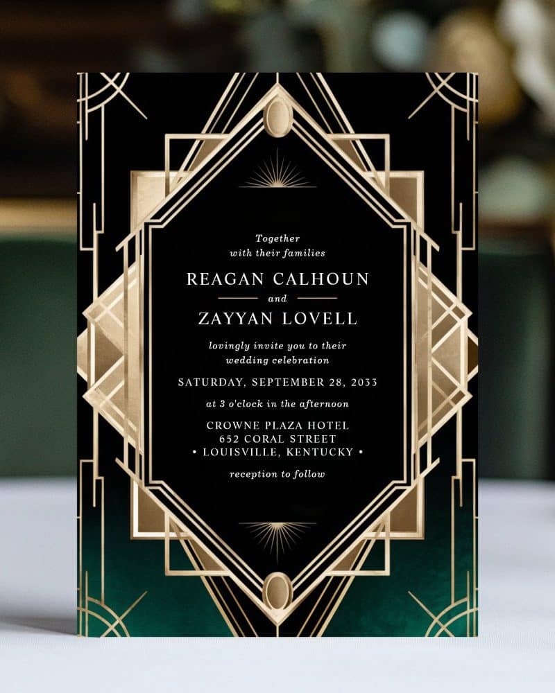 Art deco style wedding invitation for Reagan Calhoun and Zayyan Lovell.