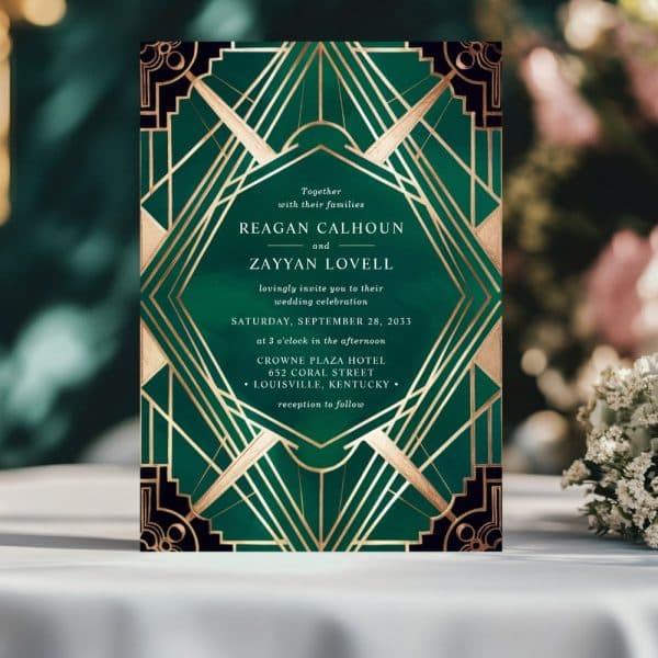 Art Deco Style Wedding Invitation In Emerald Green And Gold.