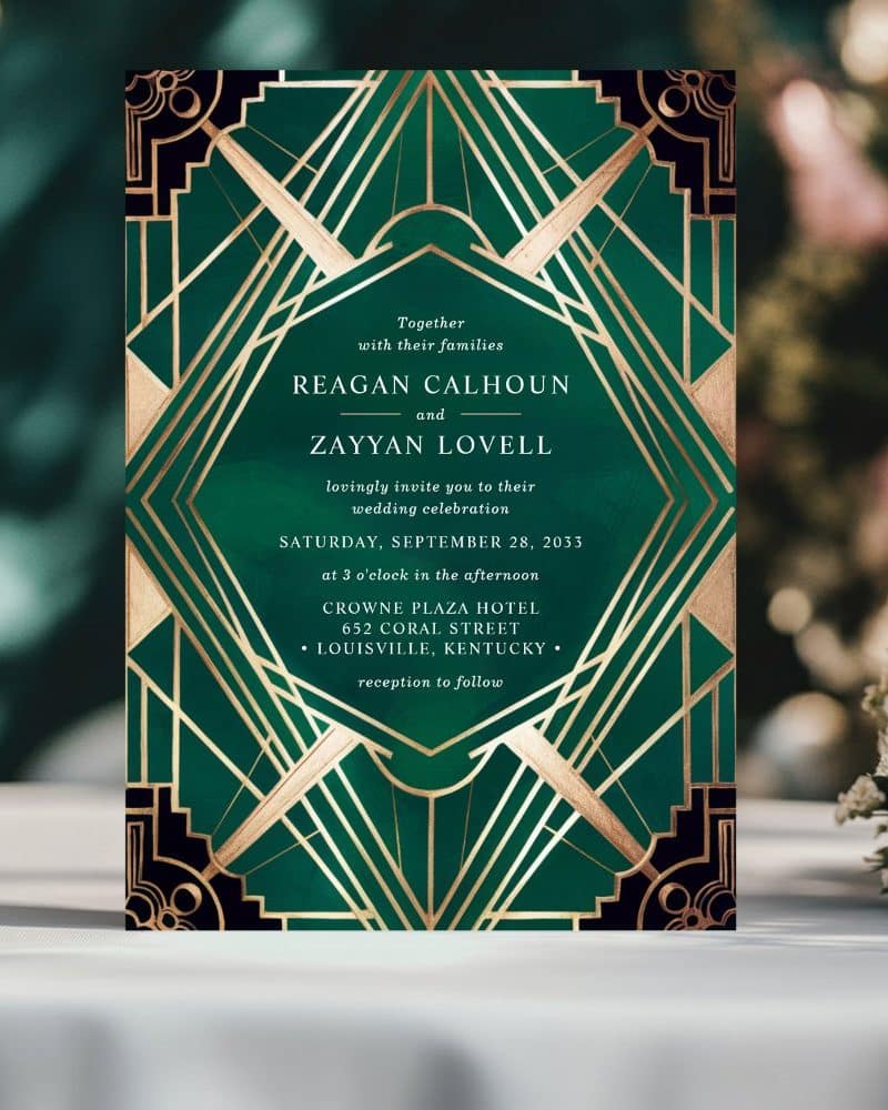 Art Deco style wedding invitation in emerald green and gold.