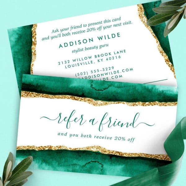 Refer A Friend Card Featuring A Teal And Gold Design; 20% Off Discount Offered.