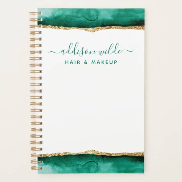 Spiral-Bound Notebook With Teal Watercolor Design And Gold Accents; Addison Wilde Hair &Amp; Makeup Is Printed On The Cover.