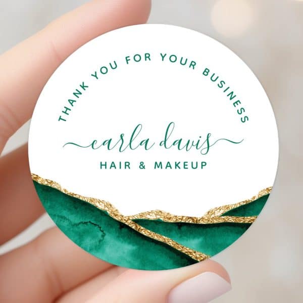 Round Business Thank You Sticker Featuring The Name Carla Davis Hair &Amp; Makeup In Elegant Script, Accented With Teal And Gold Watercolor Design.