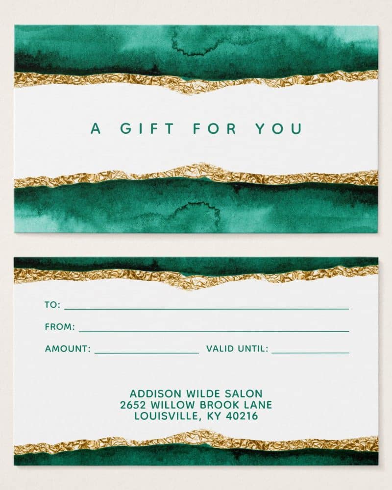 A gift certificate with teal watercolor design and gold accents; the salon's name and address are at the bottom.