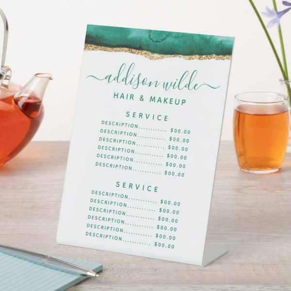 A Teal And Gold-Accented Price List For Addison Wilde Hair &Amp; Makeup Services.