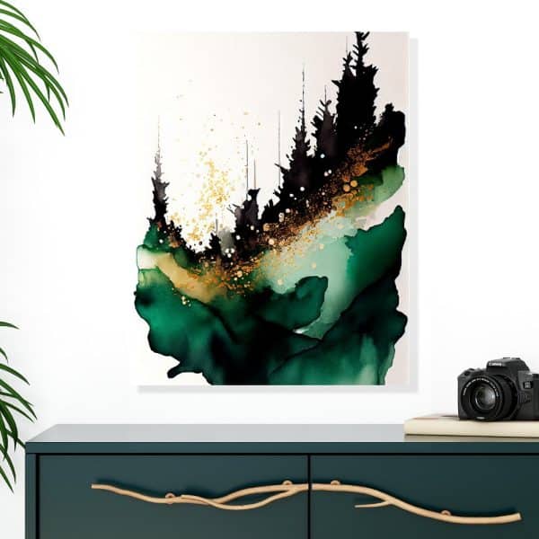 Abstract Painting Of A Forest Scene In Shades Of Green, Black, And Gold.