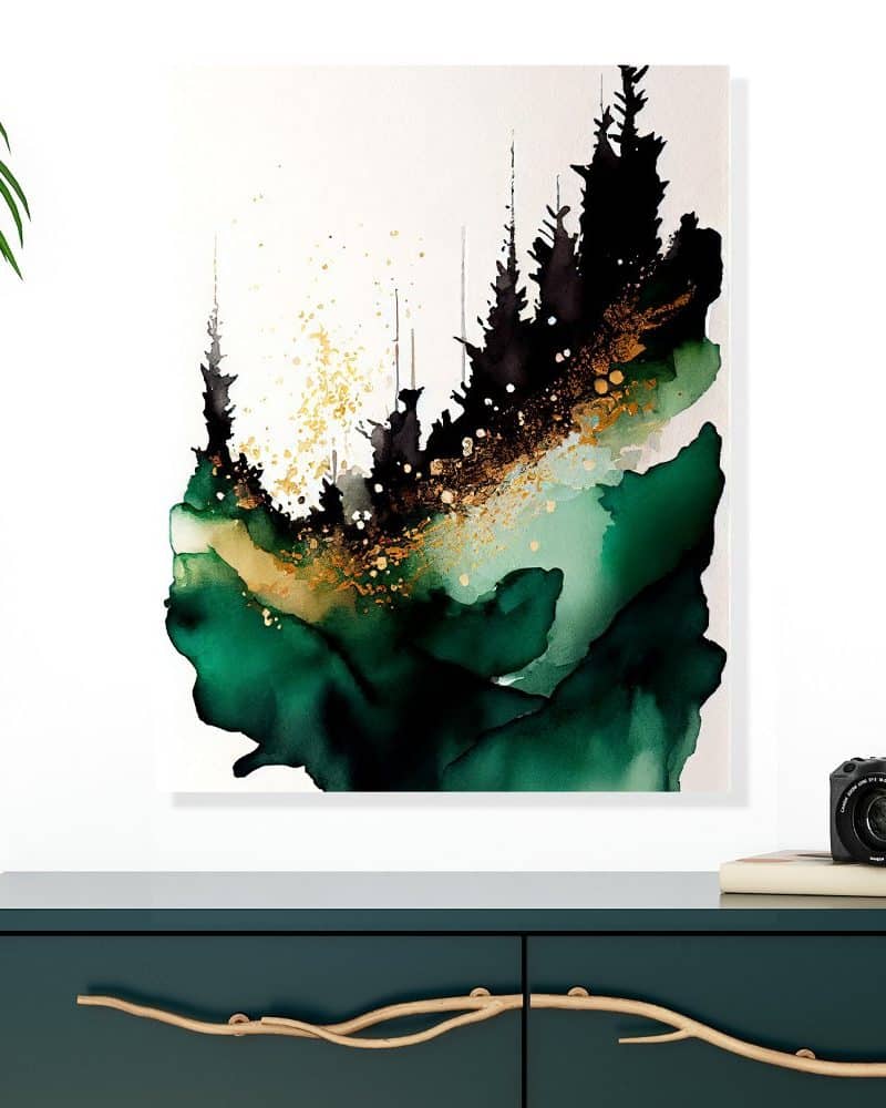 Abstract painting of a forest scene in shades of green, black, and gold.