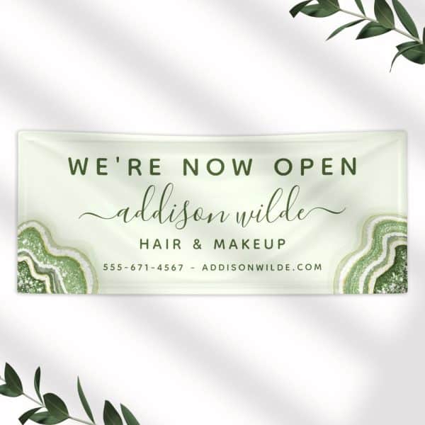 Grand Opening Banner For Addison Wilde Hair &Amp; Makeup. The Banner Is Light Green With A Green Agate Design And The Business Name And Contact Information.