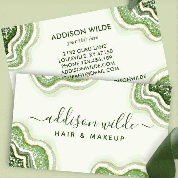 Two Business Cards Featuring A Green Agate Design; Addison Wilde, Hair &Amp; Makeup.
