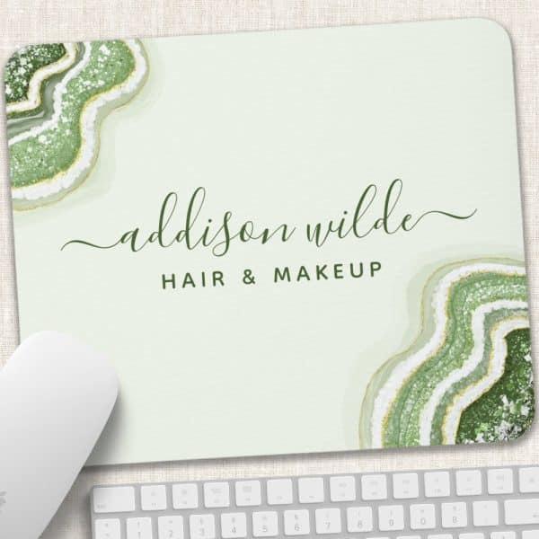 Mousepad With Addison Wilde Hair &Amp; Makeup Logo; Green And Gold Agate Design.