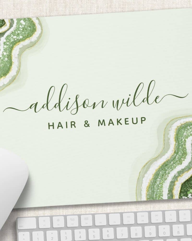 Mousepad with Addison Wilde Hair & Makeup logo; green and gold agate design.