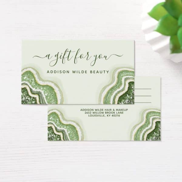 A Pale Green Gift Certificate With A Green And Gold Agate Design, Featuring The Business Name Addison Wilde Beauty.