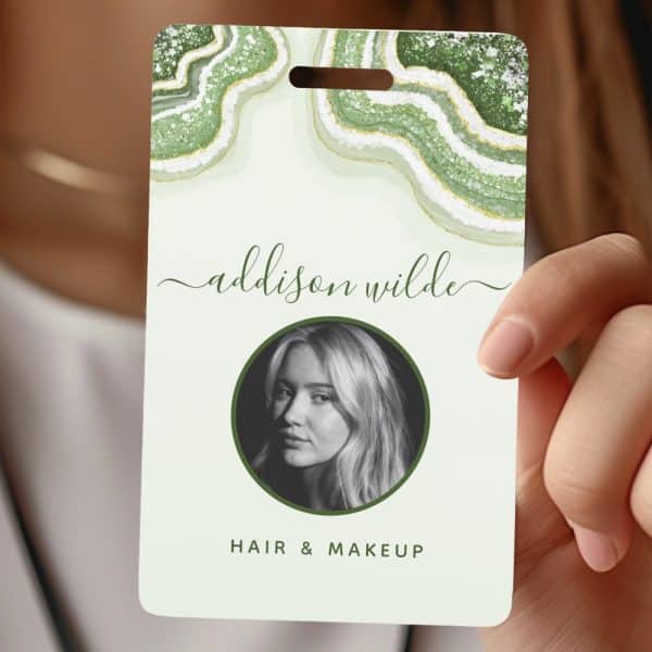 Green Agate-Styled Name Tag With A Woman'S Black And White Headshot, Her Name, And Hair &Amp; Makeup.