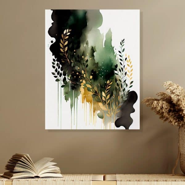 Abstract Watercolor Painting Of Dark Green And Gold Foliage.