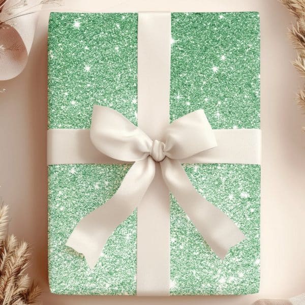 A Green Glitter Gift Box With A Cream-Colored Ribbon Bow.