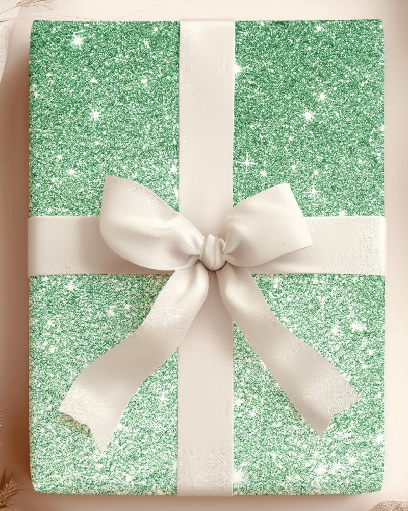 A green glitter gift box with a cream-colored ribbon bow.