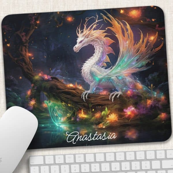 A White, Iridescent Dragon Perched On A Glowing Branch In A Magical Forest.