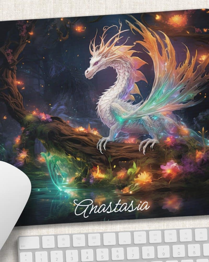 A white, iridescent dragon perched on a glowing branch in a magical forest.