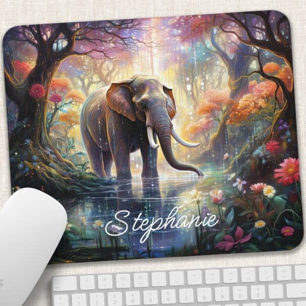 Mousepad Featuring A Painting Of An Elephant Standing In A Colorful, Enchanted Forest. The Name Stephanie Is Written Below The Elephant.