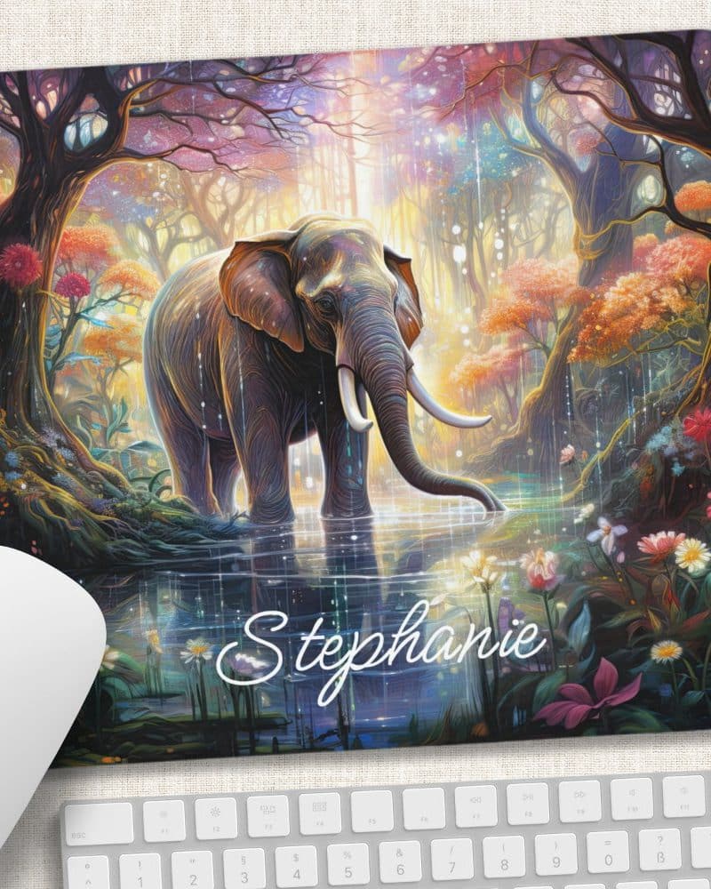 Mousepad featuring a painting of an elephant standing in a colorful, enchanted forest. The name Stephanie is written below the elephant.