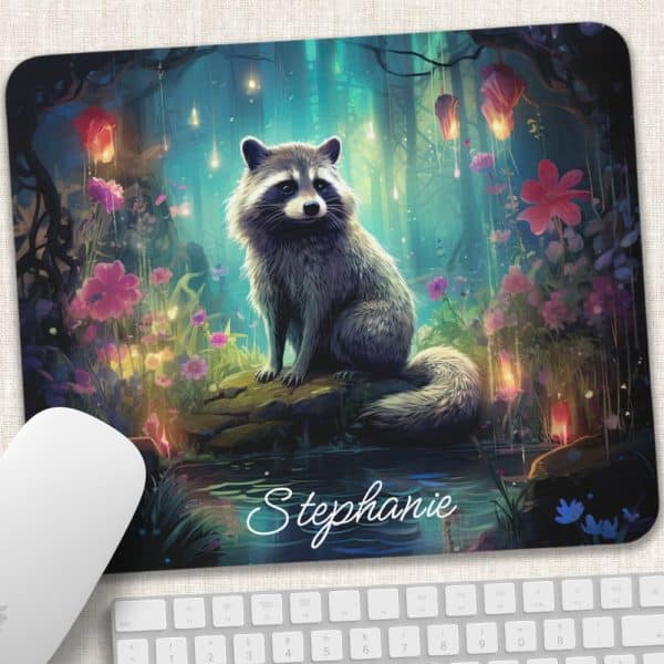 A Raccoon Sits On A Rock In A Whimsical, Glowing Forest. The Name Stephanie Is Written Below.