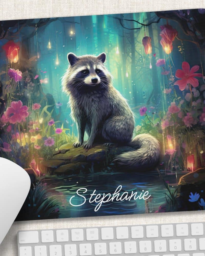 A raccoon sits on a rock in a whimsical, glowing forest. The name Stephanie is written below.