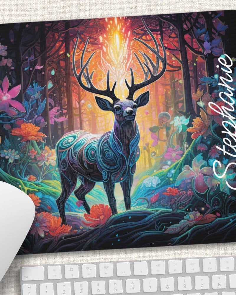 A colorful, stylized deer stands in a vibrant forest scene.