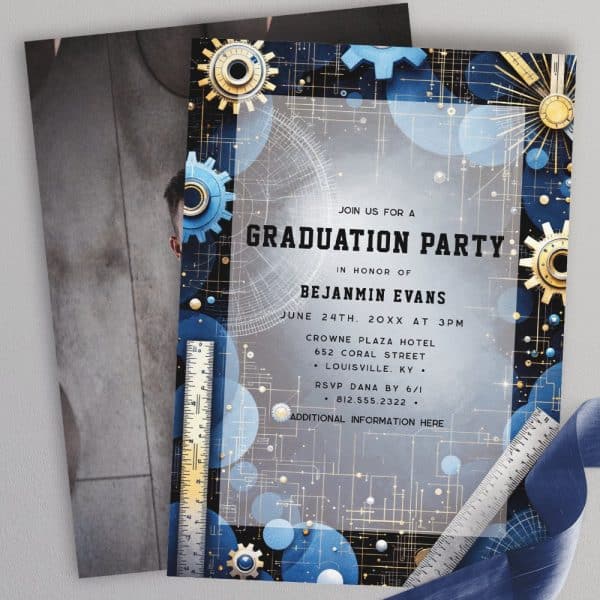 Graduation Party Invitation For Benjamin Evans, Featuring A Blue And Gold Gear Design.