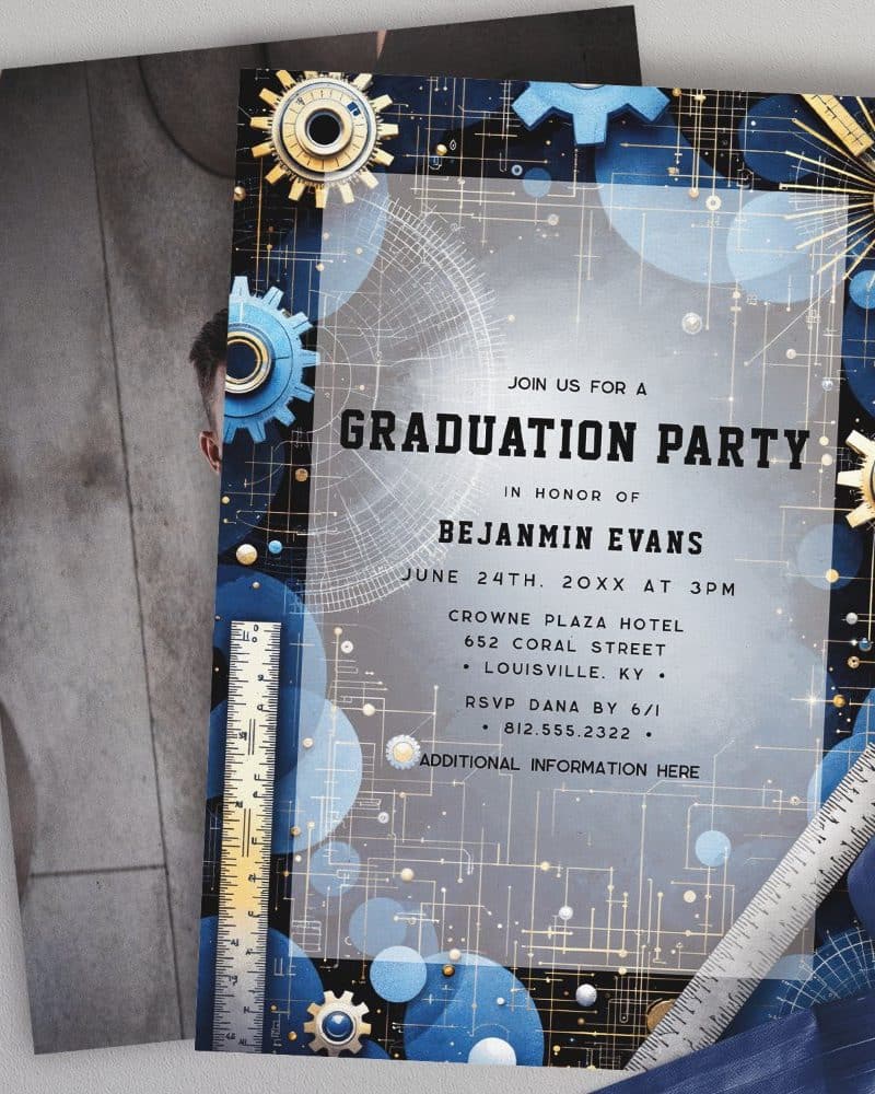 Graduation party invitation for Benjamin Evans, featuring a blue and gold gear design.