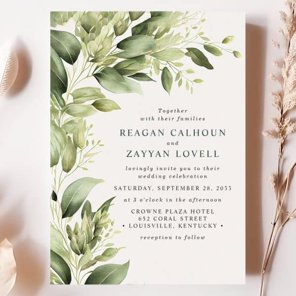 Wedding Invitation With Green Watercolor Floral Design, Announcing The Marriage Of Reagan Calhoun And Zayyan Lovell.