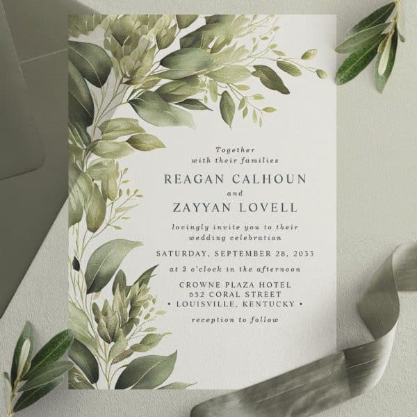 Wedding Invitation With Green Watercolor Floral Design; Reagan Calhoun And Zayyan Lovell'S Wedding Details Are Featured.
