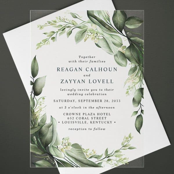 Wedding Invitation With Green Watercolor Floral Border, Announcing The Marriage Of Reagan Calhoun And Zayyan Lovell.