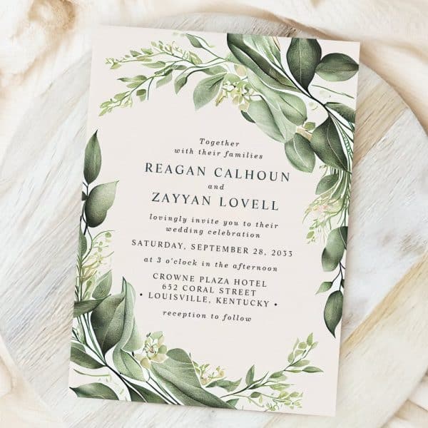 Wedding Invitation For Reagan Calhoun And Zayyan Lovell, Featuring A Leafy Green Botanical Design.