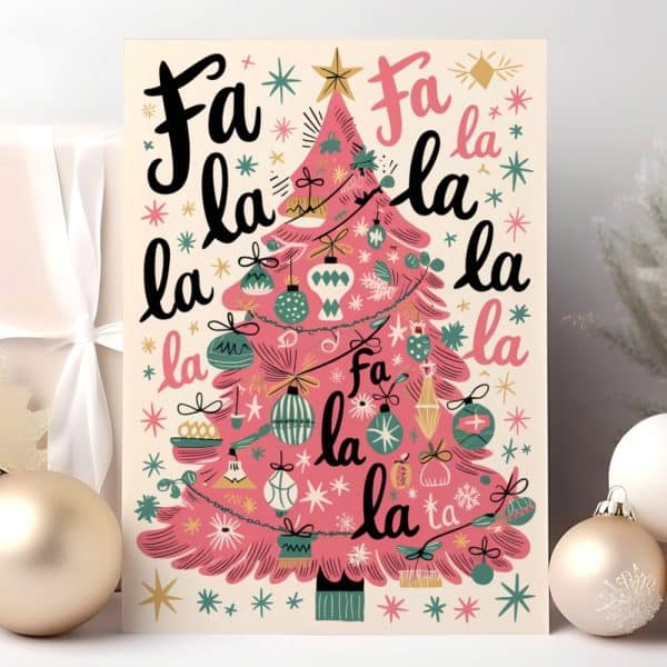Pink Christmas Tree Illustration With The Words Fa La La La La Repeated Around It.