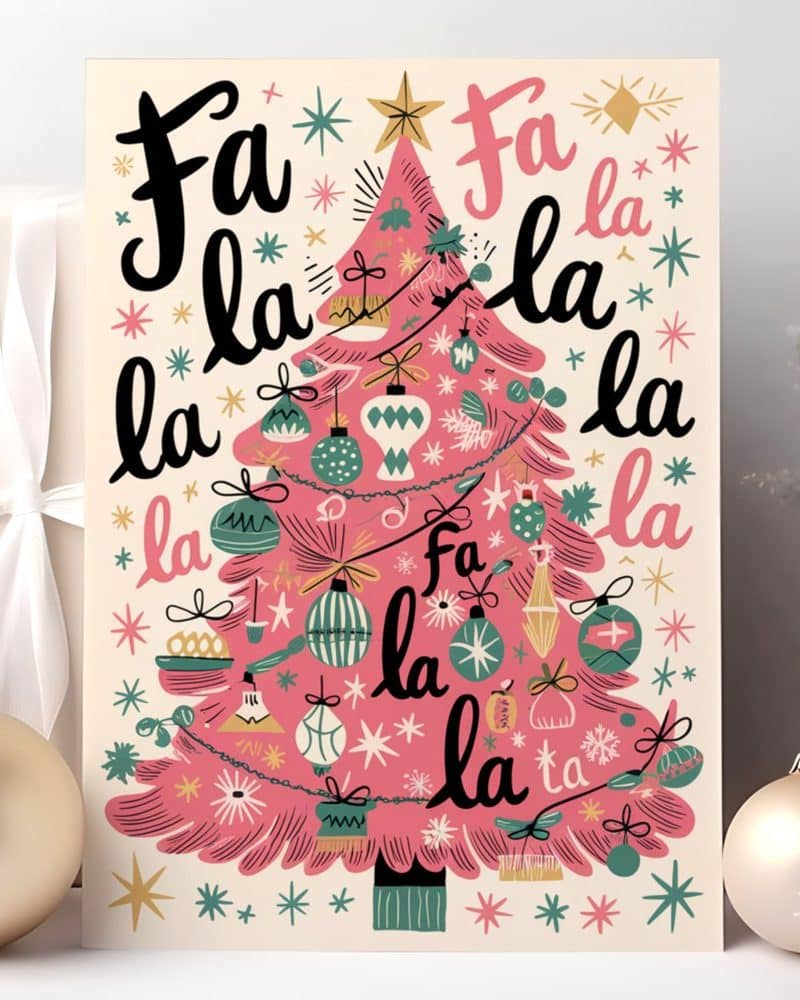 Pink Christmas tree illustration with the words Fa la la la la repeated around it.
