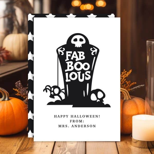 Halloween Greeting Card With A Tombstone Graphic That Says Fab Boo-Lous.