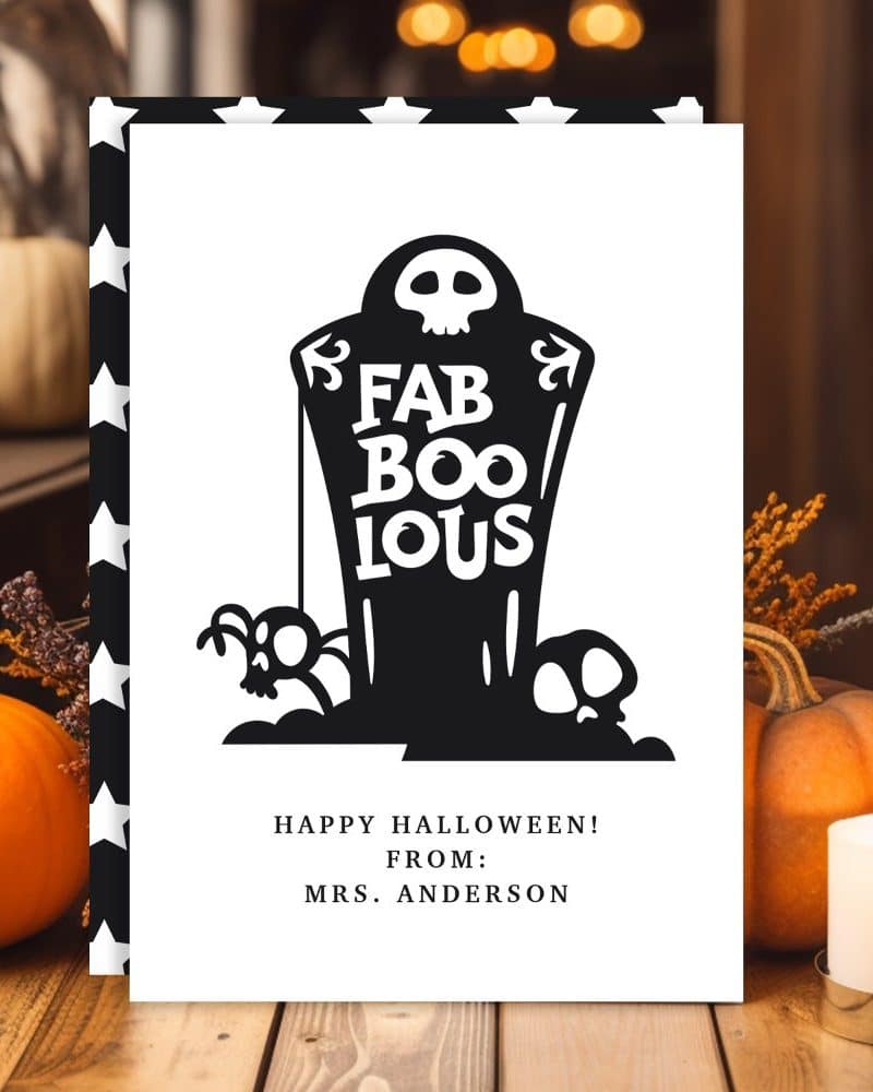 Halloween greeting card with a tombstone graphic that says Fab Boo-lous.