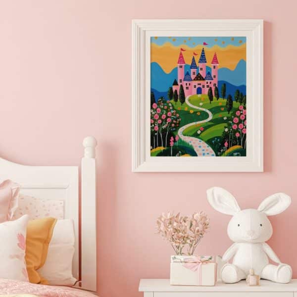 Painting Of A Pink Castle On A Hill With A Winding Path Leading To It.