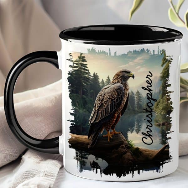Black-Handled Mug With A Graphic Of An Eagle Perched On A Branch By A Lake In A Forest, Personalized With The Name Christopher.