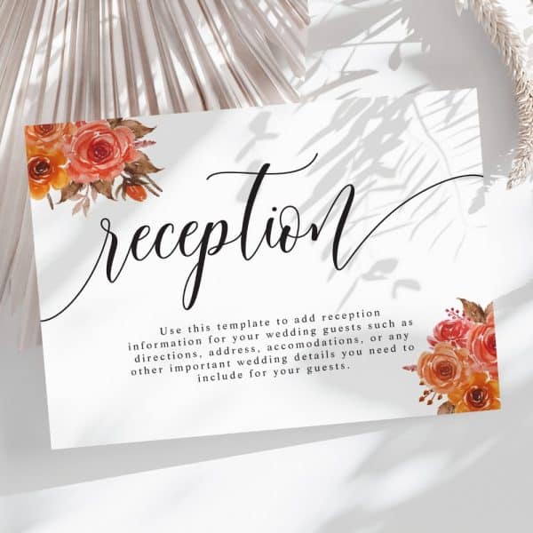 Wedding Reception Card Template With Orange Watercolor Floral Corners.