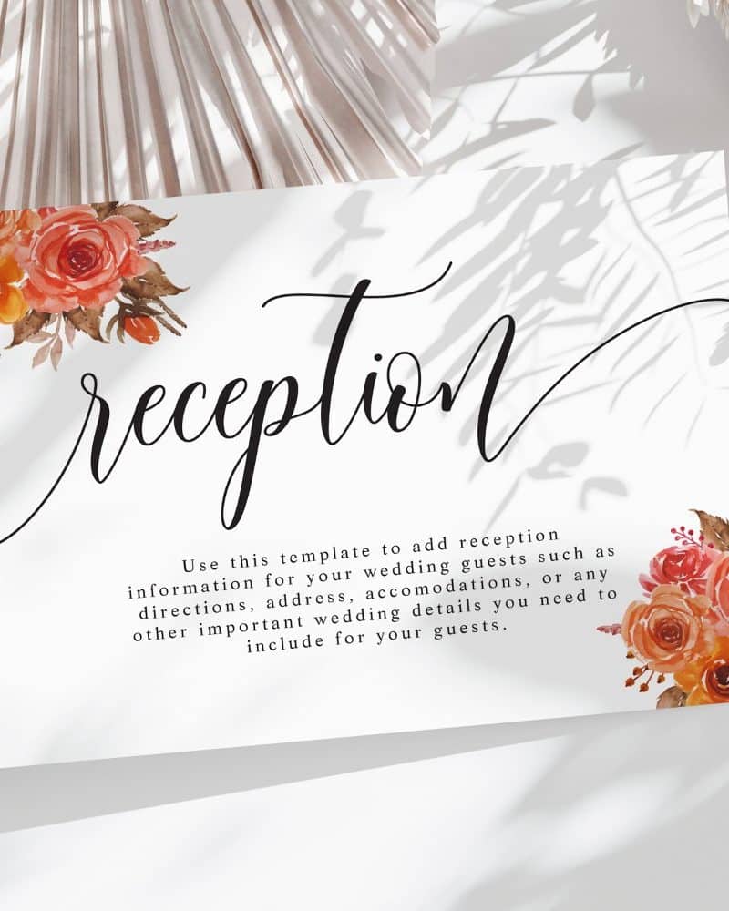 Wedding reception card template with orange watercolor floral corners.