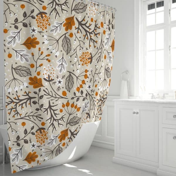 Beige Shower Curtain With A Repeating Pattern Of Stylized Orange And Brown Leaves And Berries.
