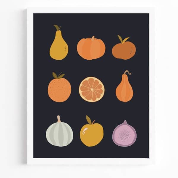 A Framed Print Featuring A Grid Of Nine Stylized Fruits And Vegetables In Autumnal Colors.