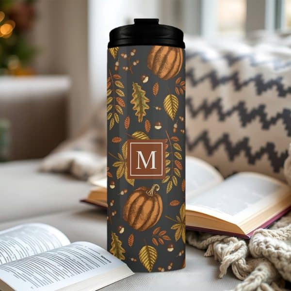 Fall-Themed Travel Tumbler With Autumn Leaves, Pumpkins, Acorns, And A Monogram.